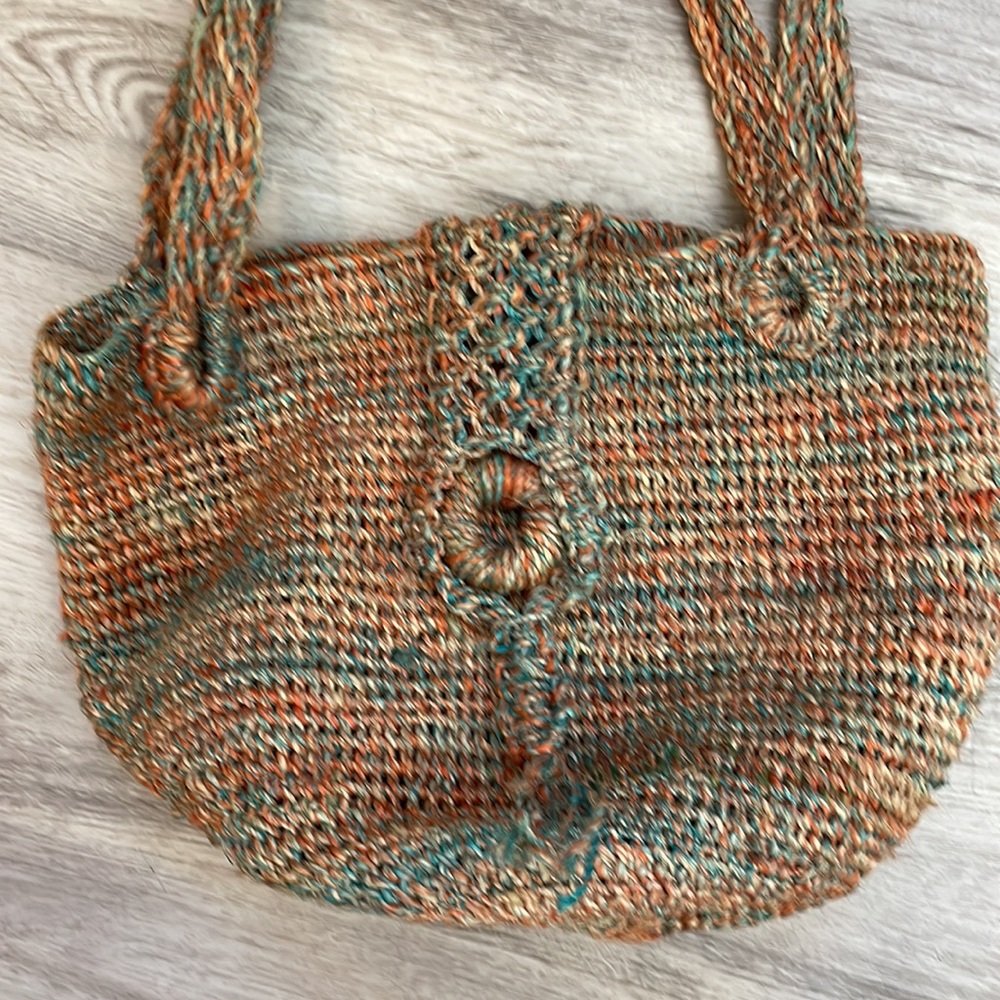 Orange, Tan & Aqua Woven Wicker Double Strap Shoulder Bag Open Top with Flap